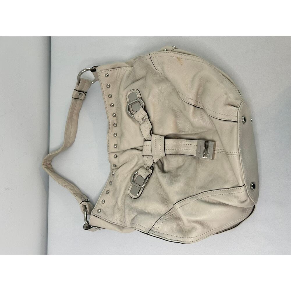 B Makowsky Leather Hobo Bag Cream Studded Shoulder Purse Slouchy Large